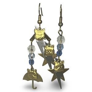 Vintage Isle of Magic Gold Cat and Star Blue Bead Dangle Earrings